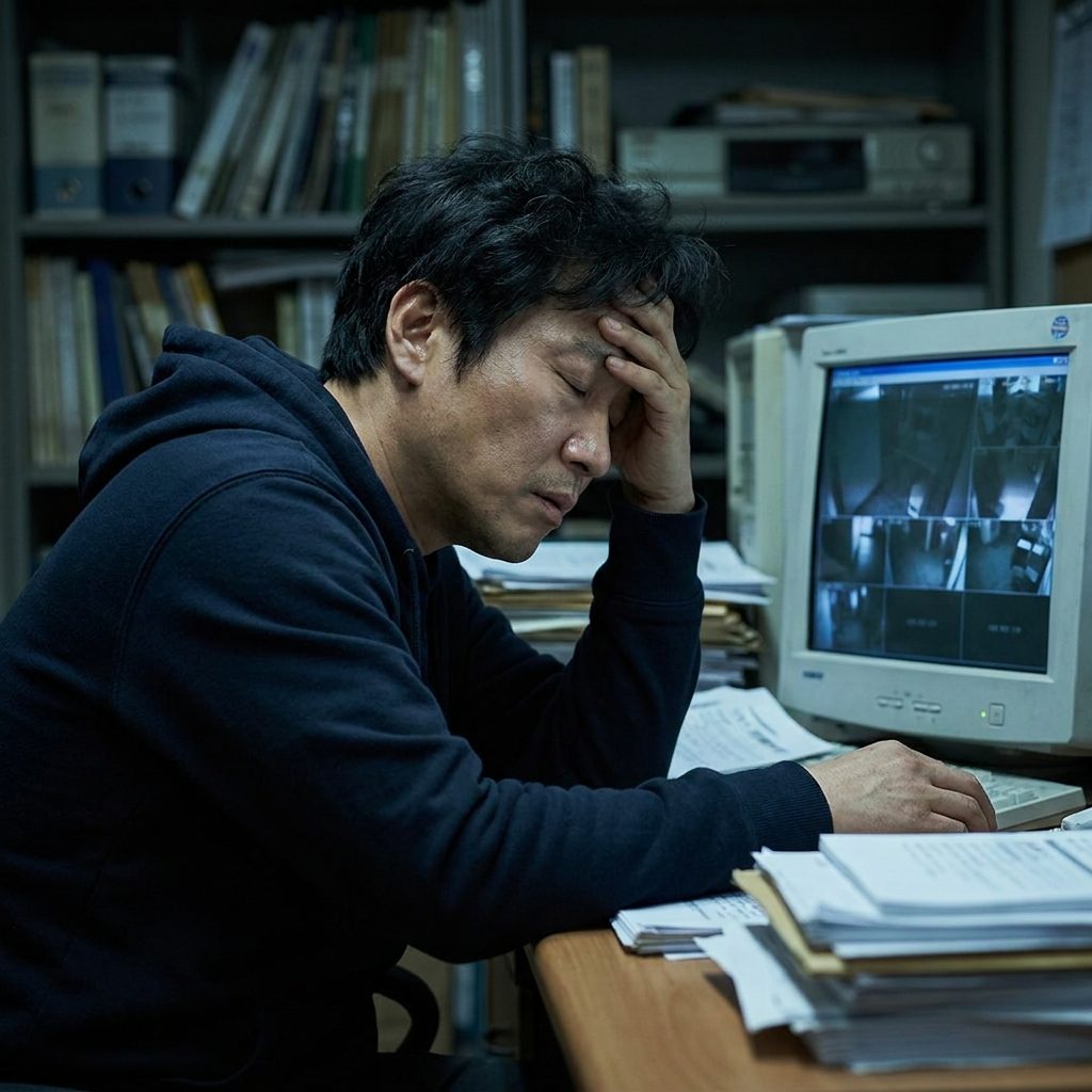 매장 사장님 심야 모니터 앞에서 답답한 표정